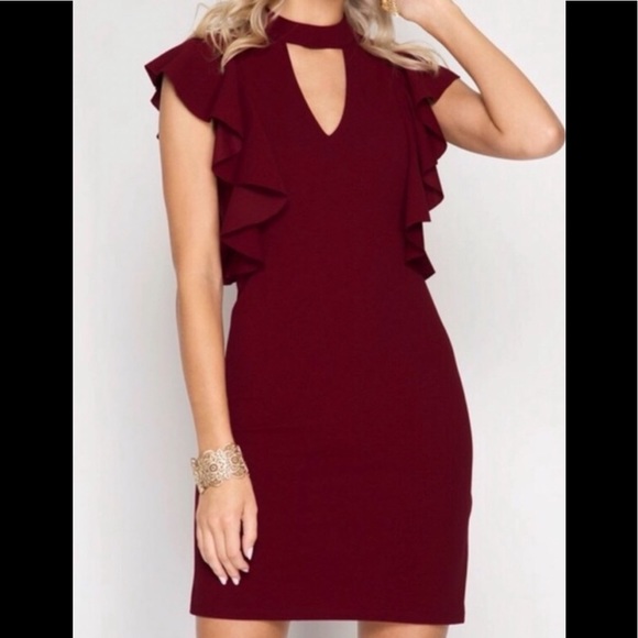 New In Burgundy Ruffled Sleeve Dress - Picture 2 of 7